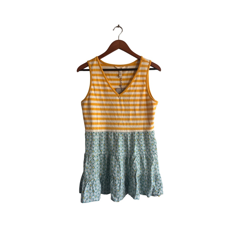 Matilda Jane Womens Yellow Striped Floral Tiered Tunic Top Sleeveless Medium NWT